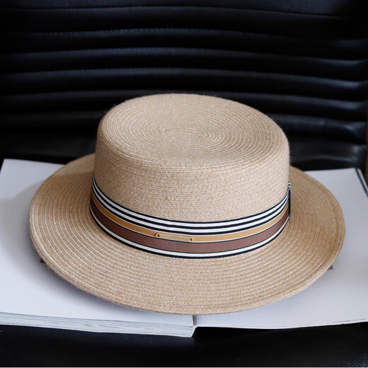 Tochino high-end wool braided flat brim hat for women, elegant, fashionable and versatile, striped jazz hat, French flat top hat, khaki M (56-58cm), one size fits all, adjustable
