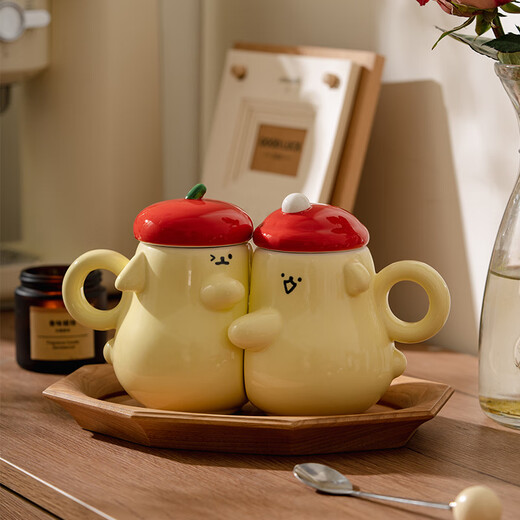 Siyue Cute Sticker Cup Couple Water Cup Pair of Mugs with Lid Ceramic Cups Birthday Gift Cups Hug Cups