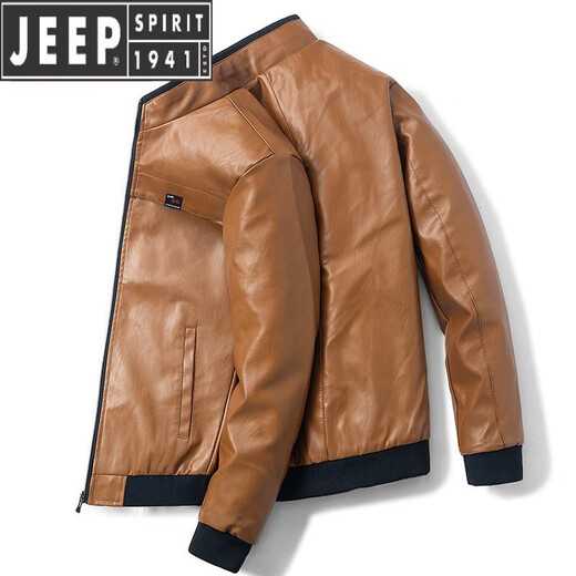 JEEP SPIRIT leather jacket men's spring and autumn new style work clothes versatile clothes casual trendy brand men's autumn and winter plus velvet leather jacket 9923 yellow brown L