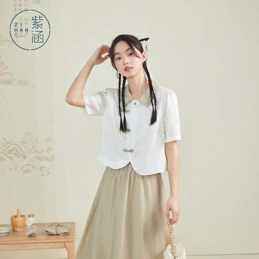 Zihan (ZIHAN) Zihan new Chinese style oblique buttoned top and skirt suit for women summer new national style embroidery two-piece set Khaki S
