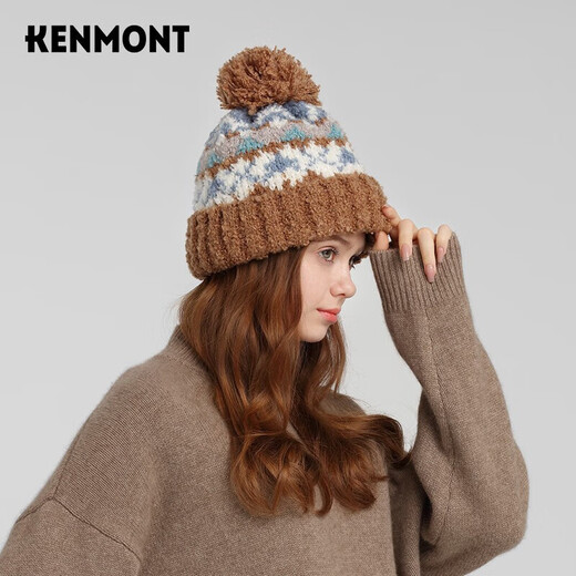Kenmont alpaca terry jacquard knitted hat for women in autumn and winter to prevent cold and warm wool ball ear protection beanie 9442