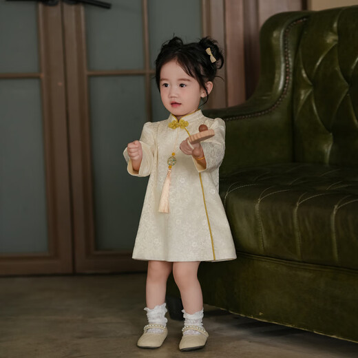 Remdine one-year-old baby dress autumn new girl Tang suit dress princess children's national style cheongsam catch week dress apricot long sleeve 80