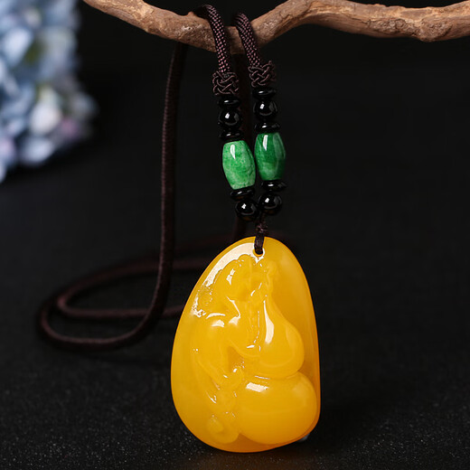 Ziweidai guaranteed official beeswax pendant old sweater chain water drop amber long necklace chicken oil yellow men and women Ruyi gourd + jade braided rope