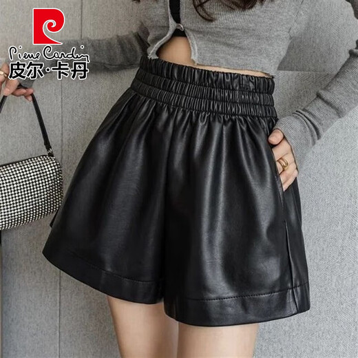 Pierre Cardin 2025 Autumn and Winter New Versatile Outerwear PU Leather Shorts for Women Fat mm Elastic Waist 200 Jin Jin equals 0.5 kg Loose and slimming wide legs 6689 black L Recommended 90-110 Jin Jin equals 0.5 kg