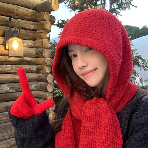 JIOESC red hat scarf one-piece barak farah women's autumn and winter warm wool hooded scarf knitted hat scarf shawl-red-one size