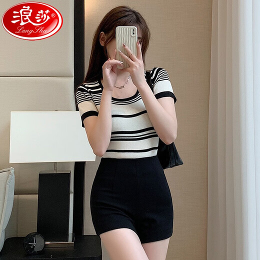 Langsha black tight shorts for women to wear as outerwear, elastic high-waisted sexy hot pants, slim butt-covering hot pants, ultra-short three-quarter pants, black M, recommended 111-120 Jin Jin is equal to 0.5 kg