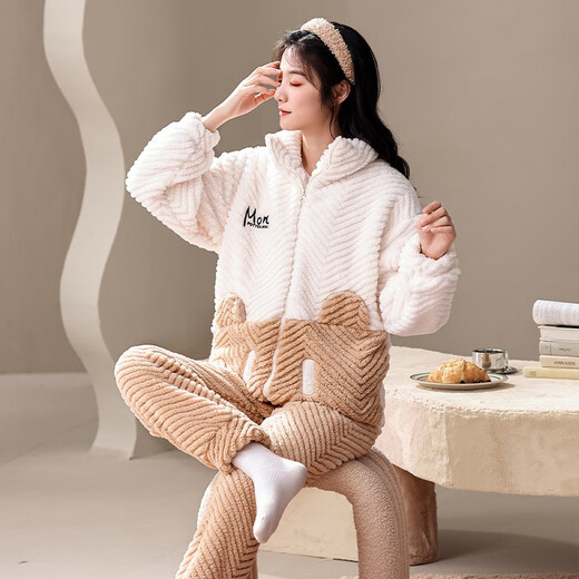 Xinai Centennial Pajamas for women in winter coral velvet warmth and thickened casual cartoon flannel red women's home clothes and outerwear suit MX6621 women M