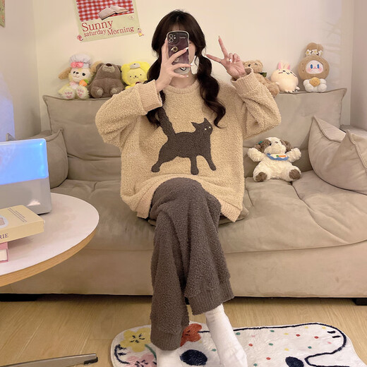 Yalu Pyjamas Damen 2025 Neues halbe Länge Samt Little Black Cat Herbst- und Wintertage Korallenmerze plus Samt verdickte Set Home Clothing 6623 m Frauen (empfohlenes Gewicht 80 100 Jin [Jin gleich 0,5 kg]))