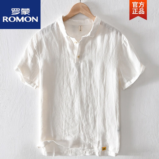 罗蒙（ROMON）中国风亚麻翻领短袖t恤男有带领麻布男装棉麻料T宽松衬衫领上衣服 msp795卡其色 M 120斤左右