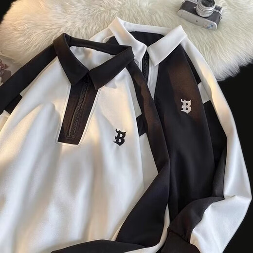 POUM SKELSHIRS Men's Spring y Autumn American Retro College Style Half Zipper Pareja Fashion Fashion Marca de moda en blanco y blanco Top XKFS-1048 White M