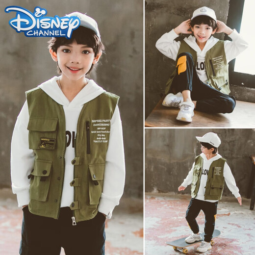 迪士尼（Disney）男童工装风马甲秋装2024新款儿童洋气背心中大童男孩韩版马夹外套 黑色 160cm