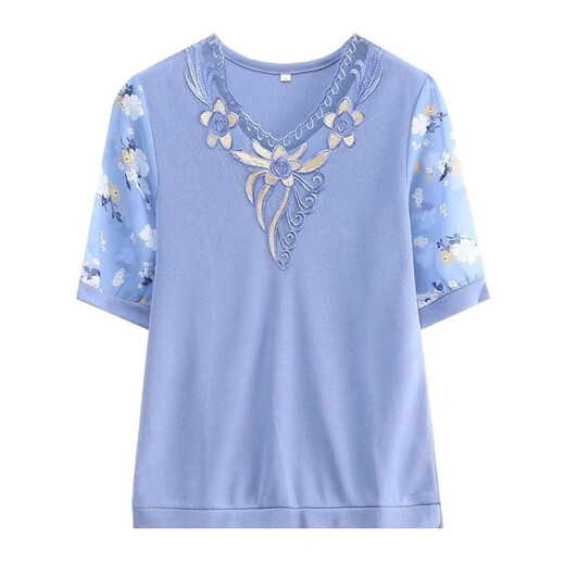Yu Zhaolin (Yuzhaolin) ropa de mujer de mediana edad y anciana, camiseta de manga corta de madres de verano, tapa de seda de hielo de hielo 2025 nuevo estilo clásico fqlh698 azul + calzoncillos de caqui) 4xl (130-140Jin [Jin equivale a 0.5 kg])