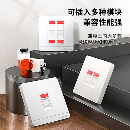 安普康（AMPCOM）网络插座 双口RJ45全面屏CAT678类网线口模块面板 86型RJ11电话二位电脑网口信息母座 AM8602GY