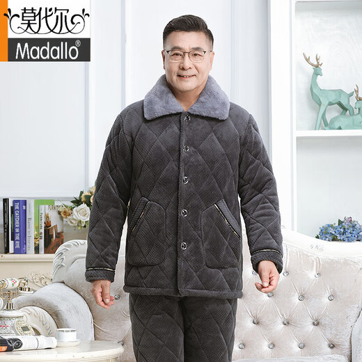 莫代尔中老年男士睡衣冬季加厚加绒珊瑚绒三层夹棉袄大码爸爸保暖家居服 695蓝色中长款 三层加/厚加/绒 XL 建议120-140斤