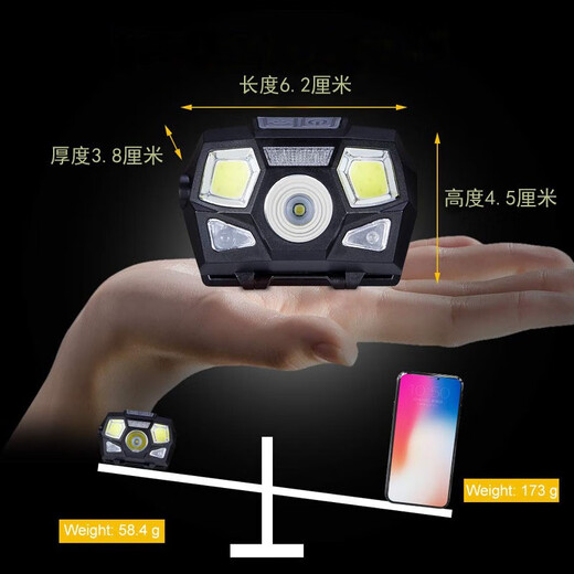 Battlefield camp strong light XPE+COB+red light USB charging led induction headlight waterproof night fishing cycling camping mountaineering headlight headlight black + helmet bracket