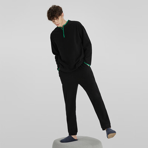 Chundu is soft, light and warm, polar fleece pajamas, autumn and winter thickened couple wear, men's and women's casual sports home wear, emerald green/charcoal black M