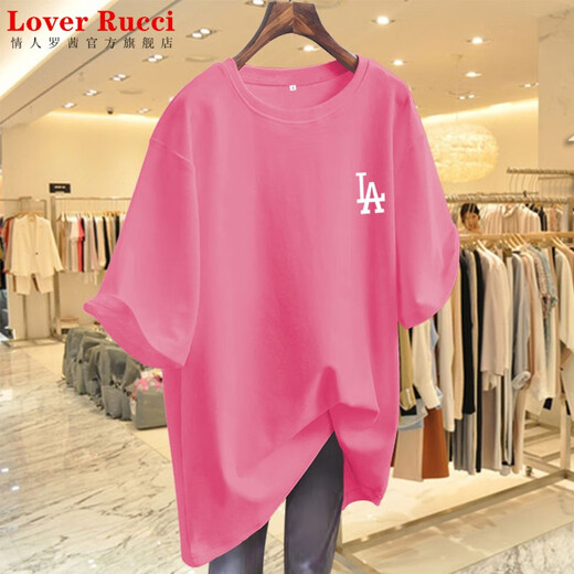 
LOVER RUCCI pink T-shirt for women summer short-sleeved 2025 European large version pure cotton medium-length loose butt top ins LA dark green L Recommended 135-160Jin [Jin equals 0.5 kg]