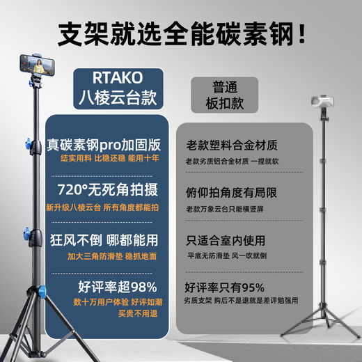 RTAKO Multi-fonction du téléphone mobile multi-fonctionnalités Stick Stick Tripod Professional Short Video Shooting Douyin Live Equipment Full Set Outdoor Floor Desktop Universal Shooting Anchor Online 180cm Bracket en acier en carbone octogonal [Sac de rangement + Clip de téléphone mobile]