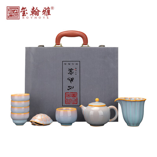 ROYHOYE Ruby Lin Master Ru Kiln Tea Set Home Fully Handmade Retro Office Tea Set Tea Maker Business Gift Ruby Lin-Guyun Qiuxia Covered Bowl Tea Set 8 Pieces