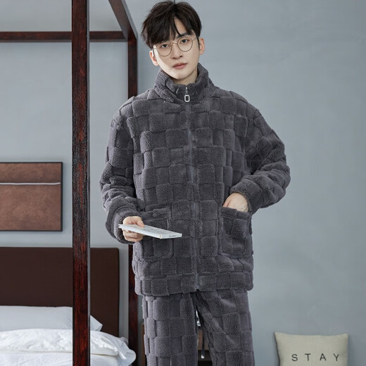 Antarctic Pajamas Men's Winter Plush Thickened Velvet Autumn and Winter Wearable Warm Boys' Flannel Home Clothes Set NSCJF-L006 Dark Gray Square Zipper (Mainly Recommended L Size (100-130Jin [Jin is equal to 0.5kg])