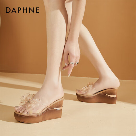 Zapatillas de Daphne para mujeres con cuñas con sandalias espesas tacones altos transparentes para mujeres 4023303137 Champagne 37