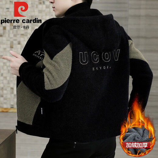 Pierre Cardin brand men's autumn and winter woolen coat men's hooded jacket men's tops plus velvet thickened woolen jacket for men black XL