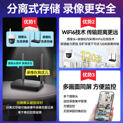 海康威视无线wifi监控器摄像头家用室外360度全景高清夜视球机 手机远程对话 1台【400万+语音对讲】-百亿同款京仓发货 官方标配（无线录像机版本+内存卡）