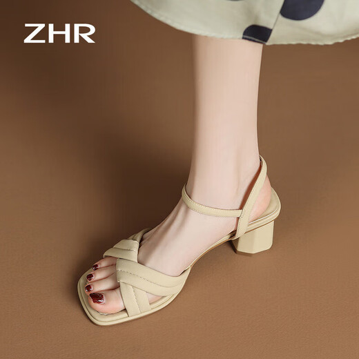 ZHR凉鞋女夏季优雅一字带粗跟女鞋温柔纯色高跟鞋子女 Y683 浅黄 36 