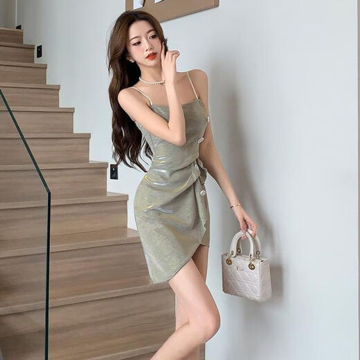 Tang Siwei 2025 new sexy pure hot girl irregular suspender strapless versatile dress for women with shiny birthday dress champagne color dress L 105-115Jin [Jin equals 0.5 kg]
