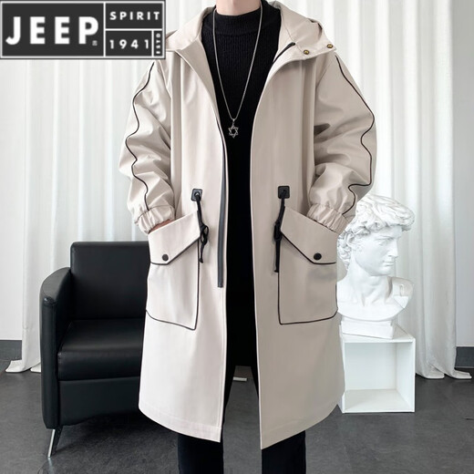 JEEP SPIRIT windbreaker boys spring and autumn hooded mid-length men's loose casual over-the-knee coat winter cotton thickened coat black 996-cotton S 90-100Jin Jin equals 0.5 kg