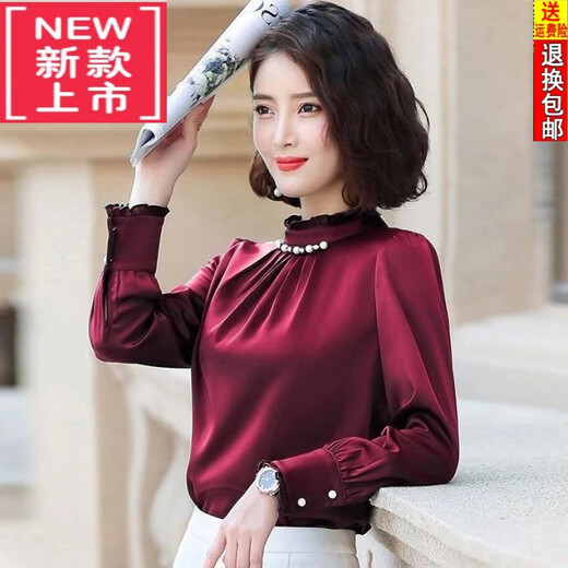 Tasi red shirt women's long-sleeved tops 24 spring and autumn new loose heavyweight silk ruffled stand-up collar bottoming shirt tops for women big red 3XL recommended 130-140Jin Jin equals 0.5 kg