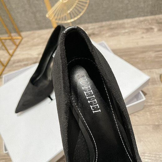 依零依蓓高跟鞋春夏秋新品绒面黑色简约尖头细跟性感单鞋女浅口职业工作鞋 898-000黑色【9厘米】 36