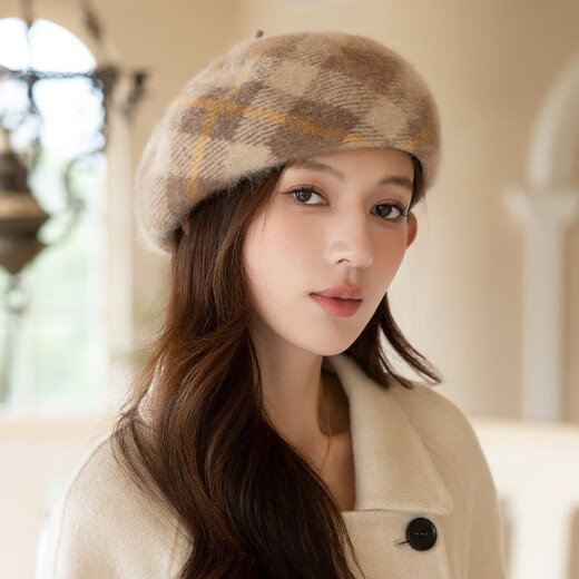 Xiangxue Yuxiu beret women's retro Angora rabbit fur hat women's new octagonal hat autumn and winter warm literary style painter's hat gray one size 56-58CM