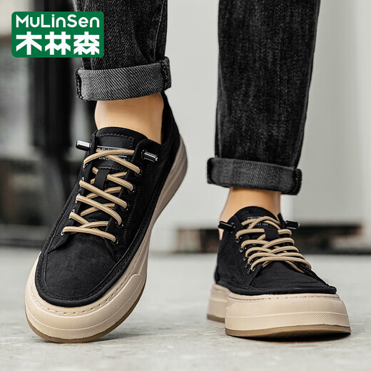 Mulinsen (Mulinsen) Brand Herrenschuhe 2025 Frühlings- und Sommer-Mode-Trend-Leinwandschuhe weiche Sohle-Kee-Resistante Brettschuhe atmungsaktive Freizeitschuhe Herrenschwarz (Markenschuhe für Männer) 41