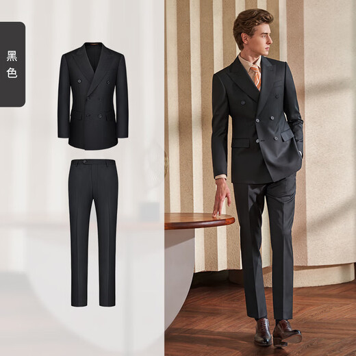 G MONS Australian wool suit men's navy blue double-breasted wedding groomsmen business formal suit complete set for men 0671 black top + pants 52