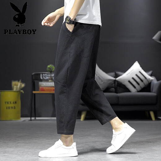 花花公子（PLAYBOY）亚麻九分裤男裤子棉麻哈伦裤日系复古休闲裤潮牌宽松灯笼裤薄 黑色 L 115-125斤