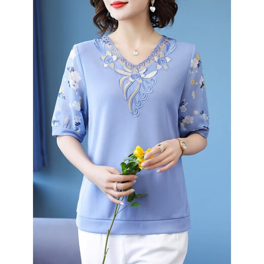 Yu Zhaolin (Yuzhaolin) ropa de mujer de mediana edad y anciana, camiseta de manga corta de madres de verano, tapa de seda de hielo de hielo 2025 nuevo estilo clásico fqlh698 azul + calzoncillos de caqui) 4xl (130-140Jin [Jin equivale a 0.5 kg])