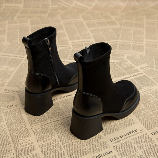 Lu Rang Song Frauen Martin Boots Frauenschuhe dicke Ferse plus Fleece-Stiefel Frühling und Herbst Neue High-End Korean kleine Knöchelstiefel modische kurze Stiefel Dünne Stiefel Schwarze Heel Höhe 6 cm 38