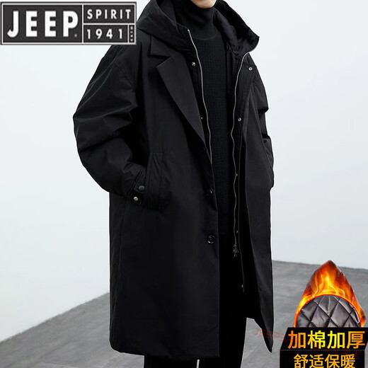 JEEP SPIRIT2025 new autumn and winter Korean style coat jacket men's trendy fake two-piece hooded mid-length windbreaker parka for men F001 military green thickened L 130-145Jin Jin equals 0.5 kg