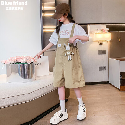 女童夏季背带裤短袖套装2025新款儿童夏季薄款衣服洋气女大童夏装 粉色 160