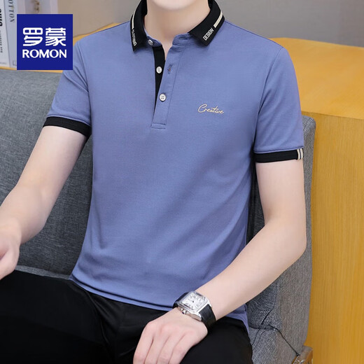 Camiseta de manga corta de algodón de Romon de manga de algodón de manga corta 2023 White Top Summer Men's Polo Camisa de hombres Media manga 679 azul claro 4xl adecuado para 185-210Jin [Jin es igual a 0,5 kg]