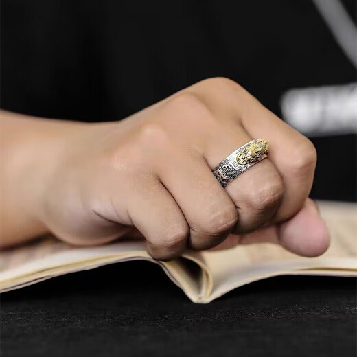 Bjyl Fortune-Telling Pixiu Ring Männer trendy Glücksperlenring Retro Mode Sechs-Charakter-Mantra-Ring-Einzelschwanzring Öffnen Pixiu Ring Silber