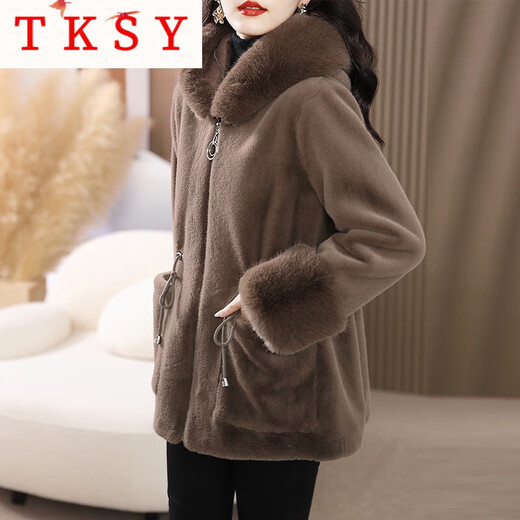 TKSY妈m皮草外套女冬2025新款时尚金貂绒皮毛一体中长款精仿貂皮大衣 咖色 4XL [适合140-165]斤