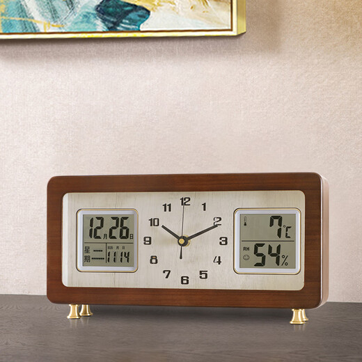 Combas solid wood desktop clock living room temperature and humidity perpetual calendar table clock brass leg clock 280 (32.5*17cm)