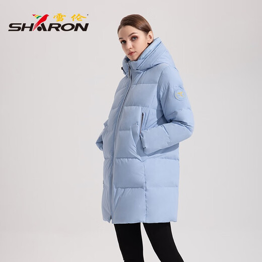 雪伦中长款羽绒服女简约百搭袖标秋冬外套 13567 粉紫色 XL