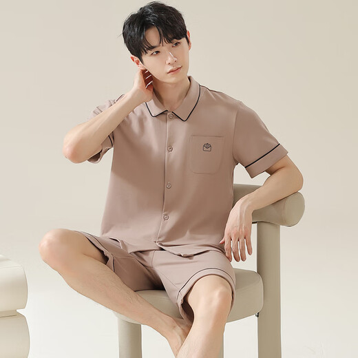 爱芬柔睡衣男士夏季纯棉短袖家居服青少年夏天休闲简约薄款外穿大码套装 12806JYR XL 体重120-140斤