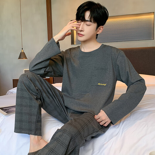 Pajamas para hombres para hombres en primavera, otoño e invierno, de manga larga, suelta suelta más grasa más de gran tamaño, cuello redondo simple para usar ropa casera fuera de YEX9906 L (recomendado 100-130Jin [Jin iguala 0.5 kg]) todo tamaño