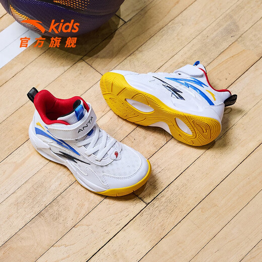 Cañas de baloncesto de anta para niños para zapatos deportivos para niños para niños 2025 Summer Nuevo transpirable sin deslizamiento de zapatillas de túnel de viento resistente al desgaste [Túnel de viento] Anta White/Medium Blue/Black-1 30