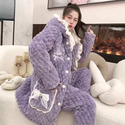 Catman three-layer cotton pajamas for women in autumn and winter thickened coral flannel flannel internet celebrity home clothing DLM-6621# three-layer cotton thickened M Recommended 80-100Jin [Jin equals 0.5 kg]