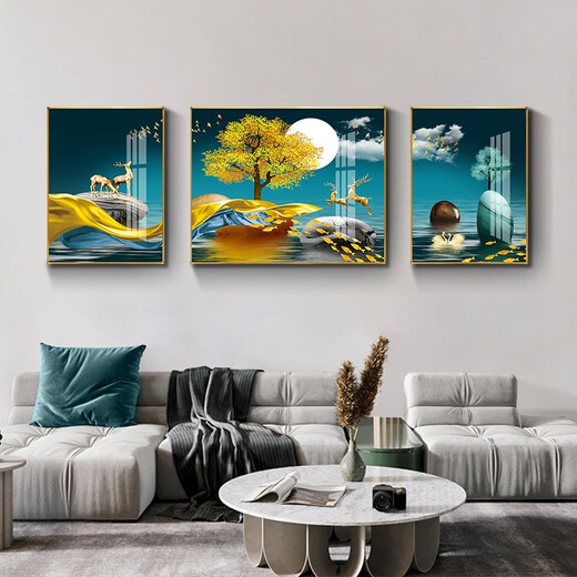 摩琥客厅装饰画新中式大气沙发背景墙壁画现代简约抽象挂画创意三联画 12240时来运转 布艺画中间140*90边70*90黑框